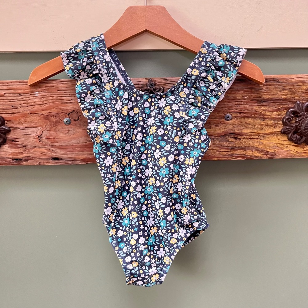 Polarn O. Pyret Floral Ruffle One Piece Swimsuit Navy Teal Yellow Kids 1-2 Years